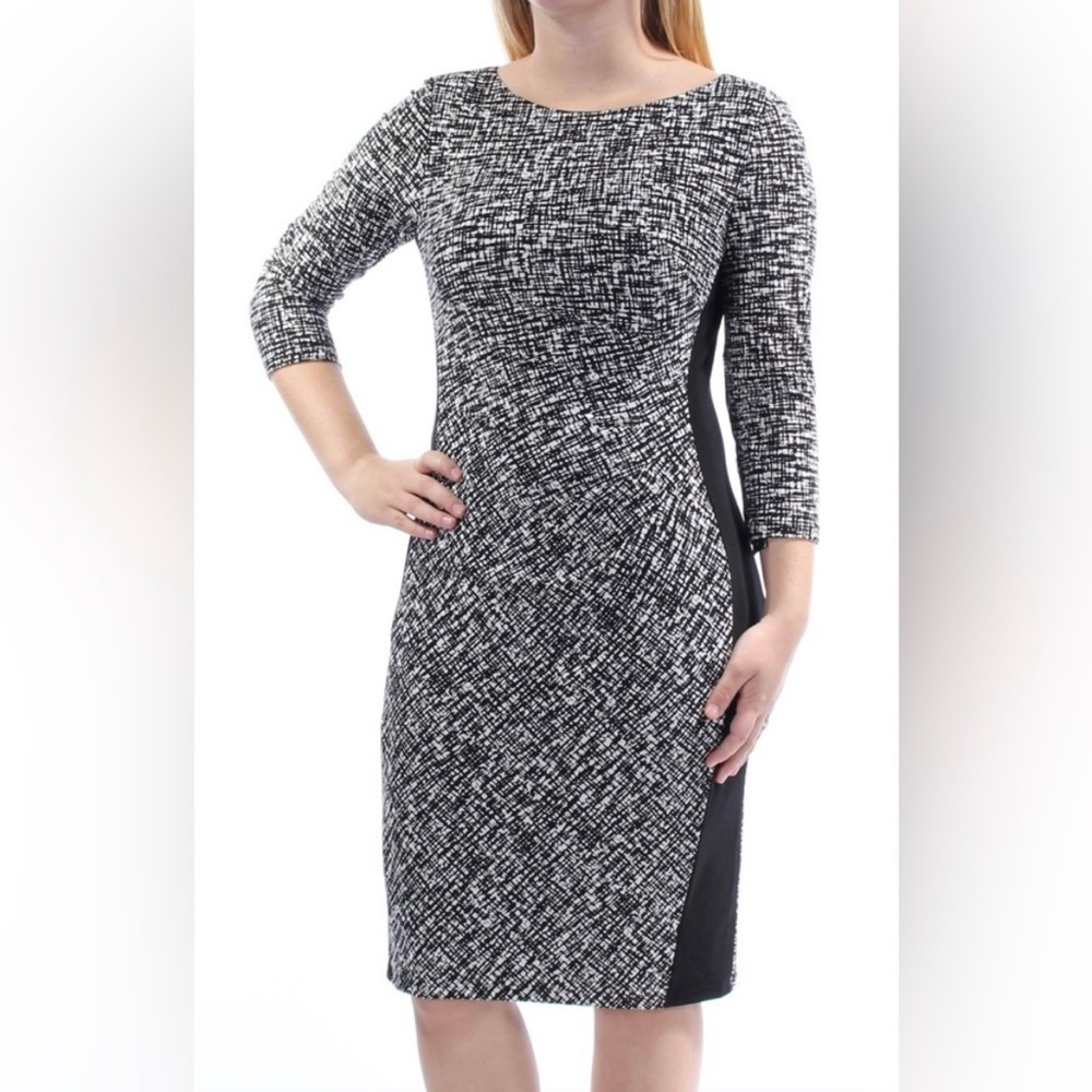 Ralph Lauren Black Ivory Geometric Colorblock Side Ruched 3/4 Sleeve Dress Szโ 8